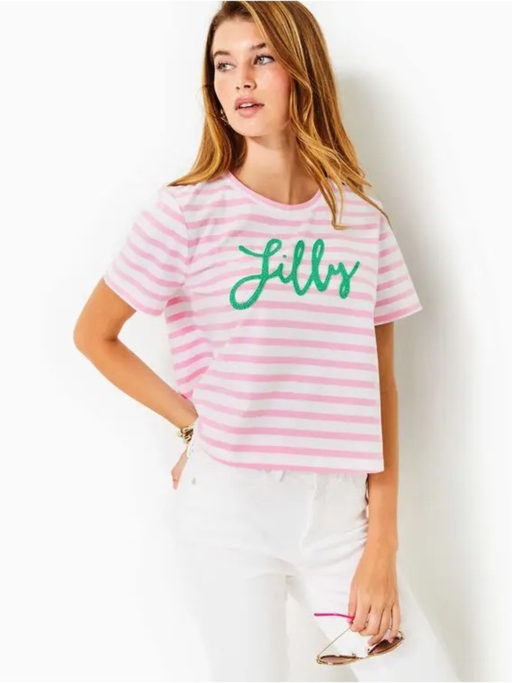 Lilly Pulitzer Pink White Striped Tee with Green logo S